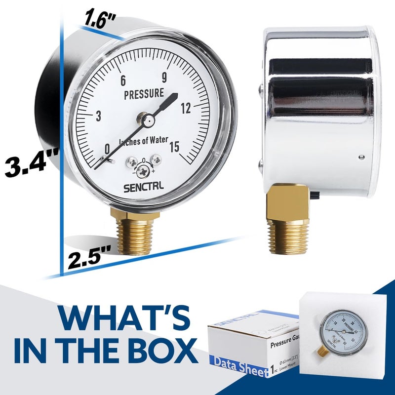 senctrl 0-15 Inches of Water Column Gauge, Low Pressure Capsule Gauge, 2-1/2" Dial Size, 1/4" NPT Lower Mount, Zero Adjustment, for Air Water Gas Pressure Test - Image 4